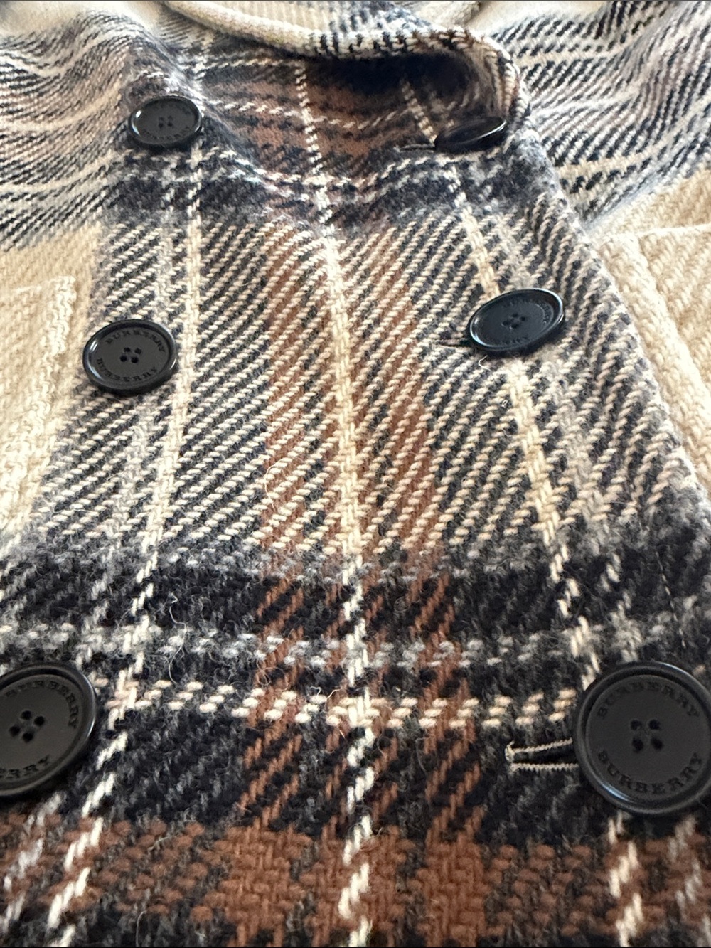 Burberry Cream, Brown and Black Plaid Double-Breasted Pea Coat - Picture 3 of 8